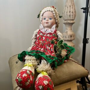Girl Doll Porcelain Christmas Shelf Doll Hand Crafted VTG Vintage HTF MCM